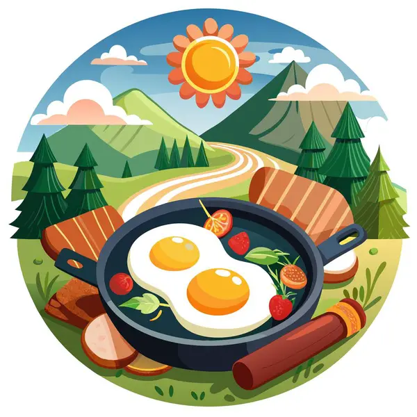 stock vector Cast Iron Pan Cooking Sunny Side Up Eggs and Bacon Outdoors. AI generated. Vector icon