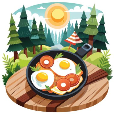 Demir tepside Sunny Side Up Eggs ve Bacon in a Forest Retreat. Yapay zeka üretildi. Vektör simgesi