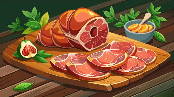 stock vector Fresh liced prosciutto on wooden board. Prosciuto meat on table. AI generated. Vector icon