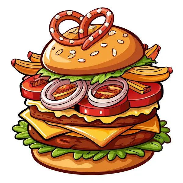 stock vector Loaded cheeseburger with onion rings, bacon, BBQ sauce, and fries.. AI generated. Vector icon