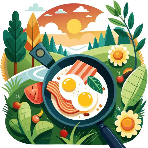 stock vector Breakfast in Nature: Sunny Side Up Eggs and Bacon in a Cast Iron Pan. AI generated. Vector icon