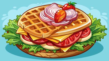 Çıtır pastırmalı waffle sandviçi, taze tavuk ve yapay zeka salatası. Vektör simgesi