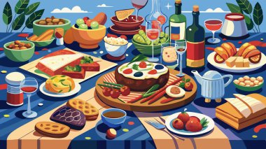 Farklı aperatifler. Antipasti, peynir, şarküteri, aperatif ve şarap. Yapay zeka üretildi. Vektör simgesi