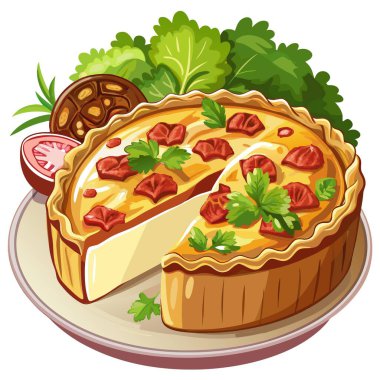 Lezzetli Quiche Lorraine yanında çıtır pastırma, soğan ve erimiş peynir, yanında salata ile servis edilir. Yapay zeka üretildi. Vektör simgesi