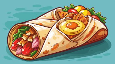 Izgaraya sarılmış yumurta, patates, domuz pastırması ve sosisle dolu nefis kahvaltılık burrito. Yapay zeka üretildi. Vektör simgesi