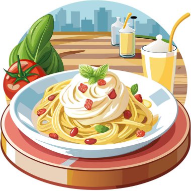 İtalyan Linguini Carbonara Makarnası. Üstü beyaz kremalı. İtalyan restoranının arka planı bulanık. Yapay zeka üretildi. Vektör simgesi