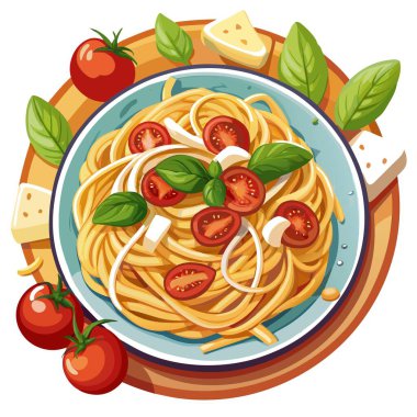 Fesleğenle süslenmiş ve etrafı taze domateslerle çevrili lezzetli bir spagetti carbonara. Yapay zeka üretildi. Vektör simgesi