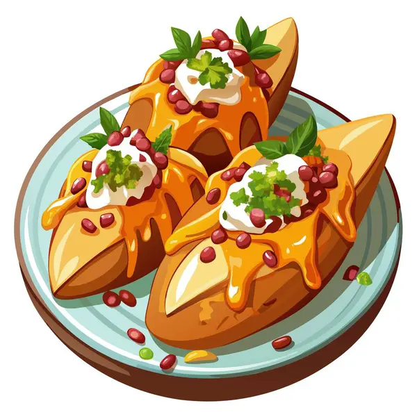 stock vector A tempting plate of loaded sweet potato wedges, topped with melted cheese, crispy bacon bits, and a . AI generated. Vector icon