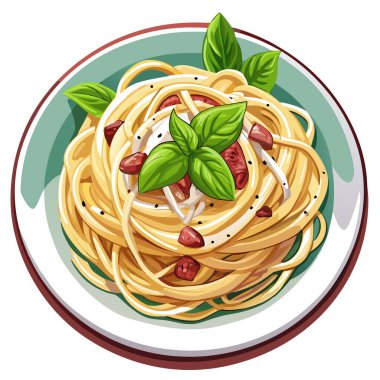 Natural Light 'taki klasik Spagetti Carbonara. Taze fesleğenle süslenmiş lezzetli spagetti. Yapay zeka üretildi. Vektör simgesi