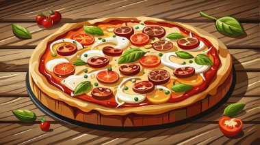 Erimiş mozzarella peyniri, domates sosu ve varyeteyle dolu taze pişmiş altın hamurlu pizza. Yapay zeka üretildi. Vektör simgesi