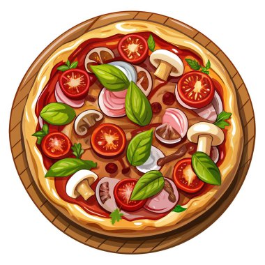 Çıtır pastırmalı, sulu domatesli, topraksı mantarlı taze gurme pizza. Yapay zeka üretildi. Vektör simgesi