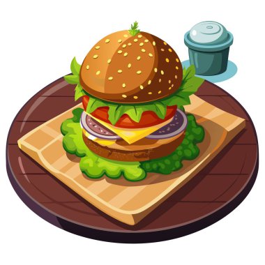 Koyu, samimi bir yemek masasında güzel hazırlanmış ev yapımı bir hamburger. Hamburgerin her bir özelliği var. Yapay zeka üretildi. Vektör simgesi