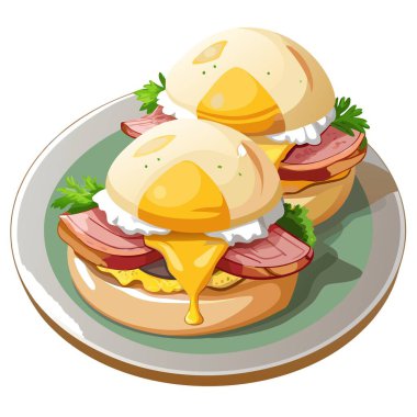 Eggs Benedict klasik bir Amerikan kahvaltısı ya da brunch yemeğidir. Tipik olarak iki yarıdan oluşur. Yapay zeka üretildi. Vektör simgesi