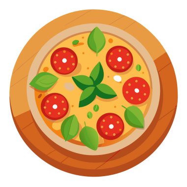 Yapay zekanın ürettiği ahşap bir tahtanın üzerinde fesleğen yapraklı lezzetli bir pizza. Vektör simgesi