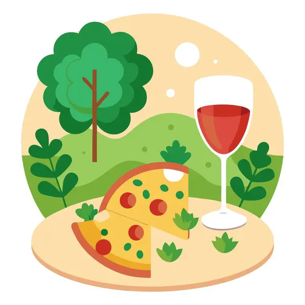 stock vector Appetizing pizza and a glass of wine, against the backdrop of fresh greenery. Restaurant serving of . AI generated. Vector icon