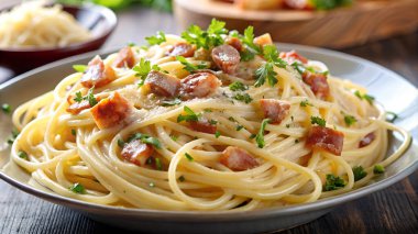 Pastırma ve peynirli spagetti carbonara yakın plan yapay zeka fotoğrafı. 4 bin. HD Resim Arkaplanı