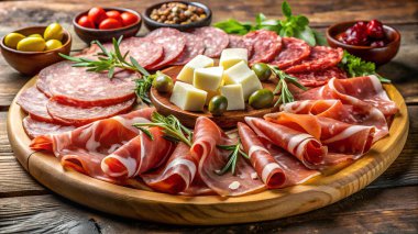 İtalyan salam et tabağı - jambon, bresaola, pancetta, salam ve parmesan. Yapay zeka fotoğraf üretti. 4 bin. HD Resim Arkaplanı