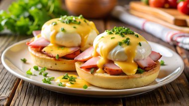 Klasik Benedict yumurtaları, haşlanmış yumurta Kanada pastırması ve kızarmış İngiliz manşeti üzerine Hollandaise sosu. Yapay zeka fotoğraf üretti. 4 bin. HD Resim Arkaplanı