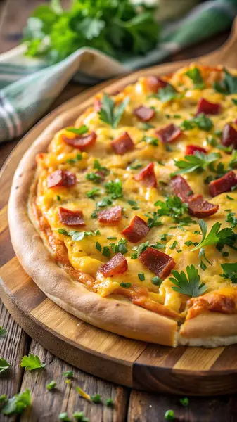 Kahvaltıda omlet, pastırma, çedar peyniri ve taze maydanozlu pizza yakın plan. Yapay zeka fotoğraf üretti. 4 bin. HD Resim Arkaplanı