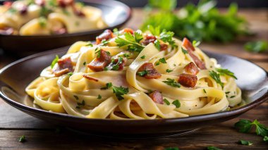 Maydanozla süslenmiş kremalı carbonara makarnası ve sıcak, mavi bir tabakta domuz pastırması. Yapay zeka fotoğraf üretti. 4 bin. HD Resim Arkaplanı