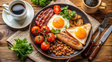 Geleneksel bir İngiliz kahvaltısı. Kızarmış yumurta, sosis, tost, fırında fasulye, pastırma falan. Yapay zeka fotoğraf üretti. 4 bin. HD Resim Arkaplanı