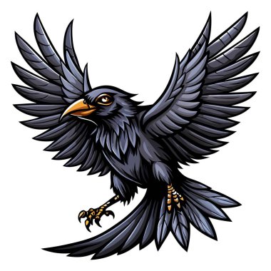 A black crow is flying in the air with its wings spread wide isolated on white or transparent background, png clipart, design element. Easy to place on any other background.. AI generated. Vector icon clipart