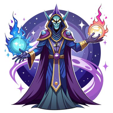 A dark sorcerer from outer space with magic spells,. AI generated. Vector icon clipart