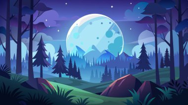 A full moon with forest and star, night time forest, wallpaper vector style, . AI generated. Vector icon clipart