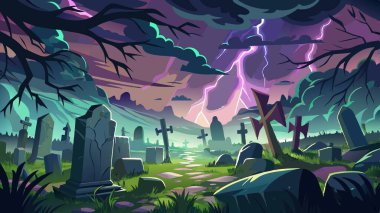 A graveyard under a thunderstorm, with lightning flashes and ominous clouds.. AI generated. Vector icon clipart