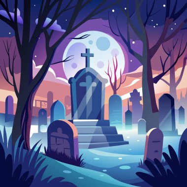 A misty cemetery at night, a faint apparition visible among the tombstones. AI generated. Vector icon clipart