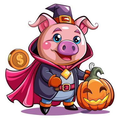 A pink piggy bank has a coin slot and is dressed up in a Halloween outfit, accompanied by a pumpkin.. AI generated. Vector icon clipart