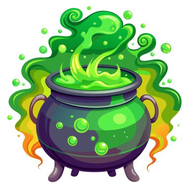 Cauldron with bubbling green potion, emitting eerie smoke, Halloween cauldron, witch's brew, magical potion, bubbling liquid, Halloween concept. AI generated. Vector icon clipart