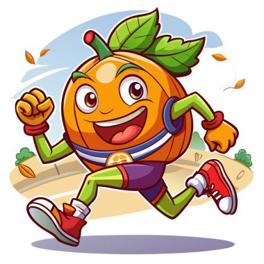 Character dressed as a pumpkin runs down the street with a marathon. . AI generated. Vector icon clipart