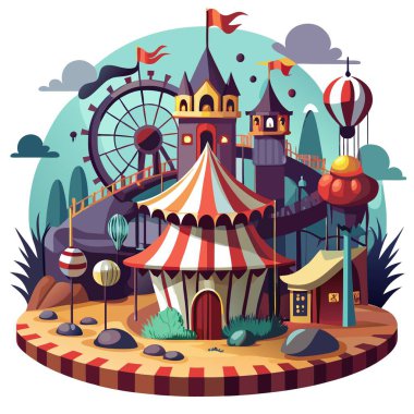 Creepy, Abandoned and Haunted Amusement Park, Fairground, Circus, Digital Illustration, Concept Art, . AI generated. Vector icon clipart