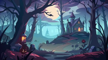 Dark haunted forest spooky illustration halloween horror, fear scary, landscape mist dark haunted forest spooky. AI generated. Vector icon clipart