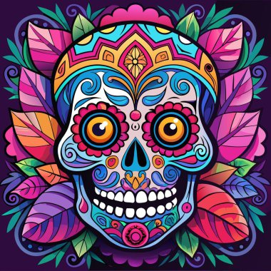 Day of the Dead sugar skull, blacklight painting. . AI generated. Vector icon clipart