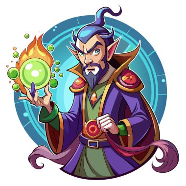 Evil sorcerer holds a magic gem cast ball. AI generated. Vector icon clipart