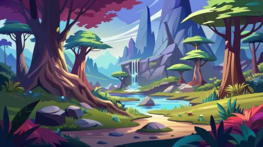 Fantasy landscape illustration in the forest, anime style. AI generated. Vector icon clipart