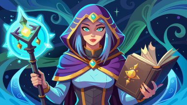 Fantasy woman witch magician in hood holds in hands magic book, tools . AI generated. Vector icon clipart