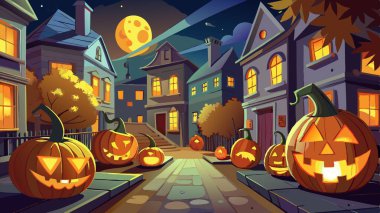 Ekim Cadılar Bayramı 'nda Jack O Lantern' in balkabaklarının yüzleri bir apartman caddesinde görüldü. 3 boyutlu illüstrasyon yapay zeka üretildi. Vektör simgesi