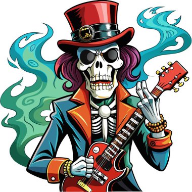 Electric Guitar ve Top Hat ile Smoking Skeleton Rock yıldızı. Yapay zeka üretildi. Vektör simgesi