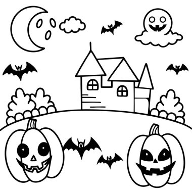 A childlike computer illustration of spooky haunted Halloween scene . AI generated. Vector icon clipart