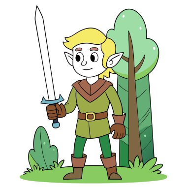 A male blonde Elf fantasy warrior holding a magical greatsword in . AI generated. Vector icon clipart