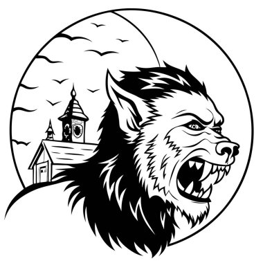 A portrait of scary wolf. hairy Werewolf growling in the moonlight . AI generated. Vector icon clipart