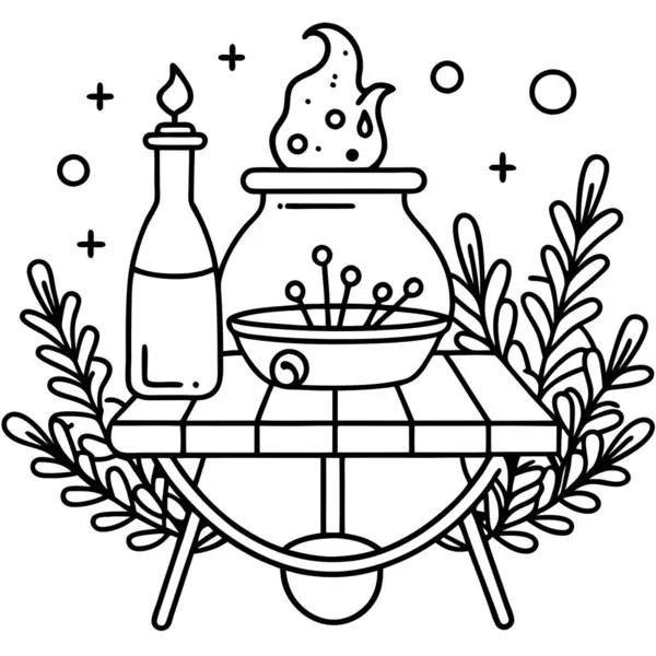 stock vector A druids potion table with moss and greenery. AI generated. Vector icon