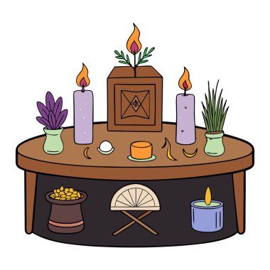 Büyüleyici Wiccan Altar. Koyu Kahverengi Tahta Masa Renkli. Yapay zeka üretildi. Vektör simgesi