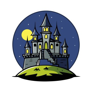 Halloweeen castle scenery with full moon in majestic night sky and . AI generated. Vector icon clipart