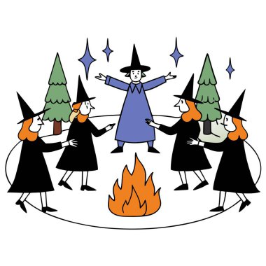 Witches dancing around fire in the forest. Ritual dance. AI generated. Vector icon clipart