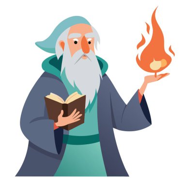 A drawing illustration of a old fire magic wizard man with long grey . AI generated. Vector icon clipart