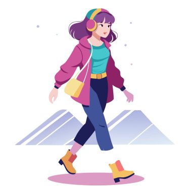 A girl walking on the streets of Harajuku. listening to music with . AI generated. Vector icon clipart